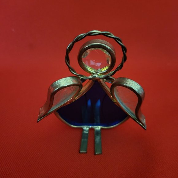 Vintage Stained Glass Skier Blue Gold Tone - Picture 4 of 12